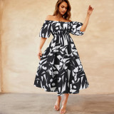 One line neckline bubble sleeve printed skirt, casual fashion, large swing, temperament dress