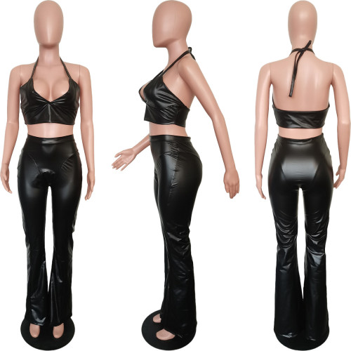 Solid color suspender elastic leather slim fit two-piece set