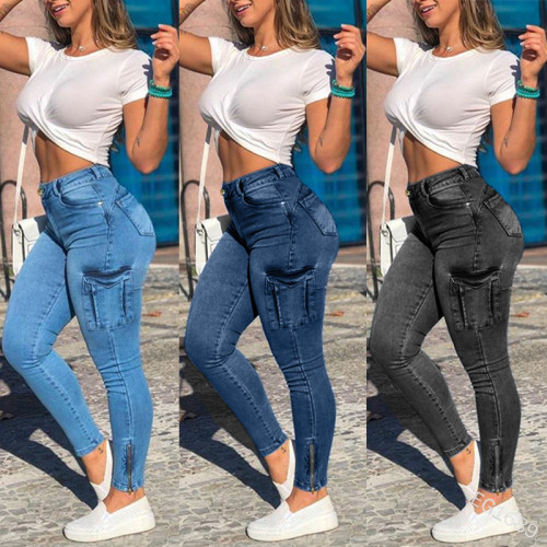 Zippered women's pants with white distressed pockets, fashionable women's denim workwear and leggings