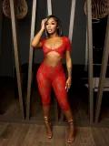 Sexy lace large U-neck open navel jumpsuit