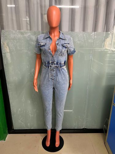 Elastic waist slim fit elastic small leg denim jumpsuit