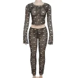 Perforated hollow perspective high waisted and navel exposed slim fit pants set