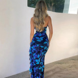 Sexy hollowed out backless lace up split print dress