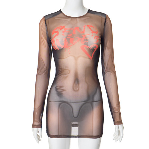 Personalized 3D body print perspective long sleeved buttocks wrapped dress