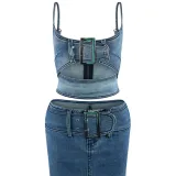 Adjustable buckle elastic casual denim set