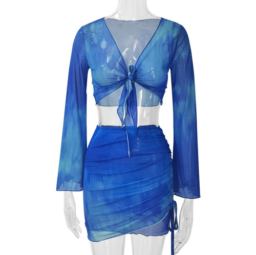 Tie dye printed V-neck strap gradient mesh flared sleeve top short skirt set