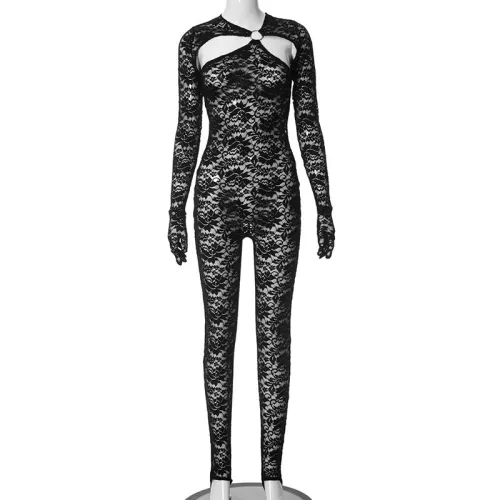 Hollow out jewelry splicing long sleeved gloves and lace jumpsuit