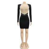 Hot Diamond Mesh Perspective Bubble Bead Backless Long sleeved Middle Skirt Dress
