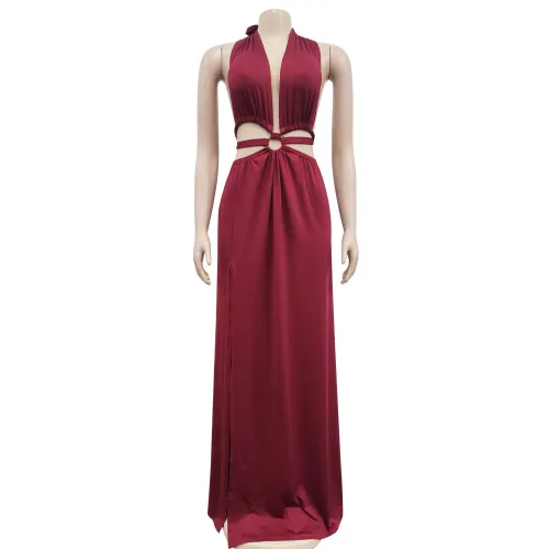 Women's solid color backless V-neck sleeveless long dress dress