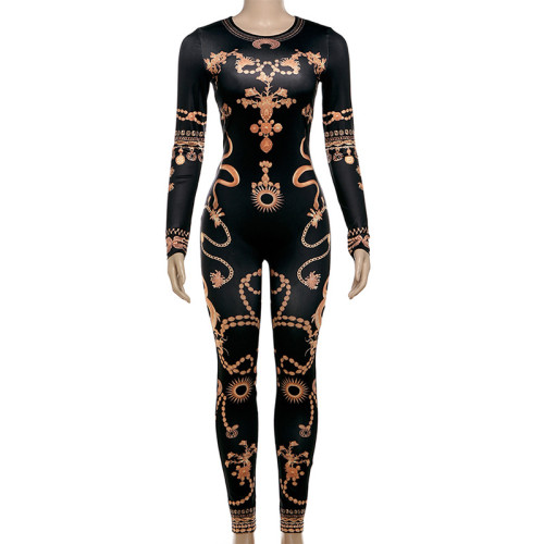 Printed long sleeved buttocks wrapped slim fit jumpsuit casual leggings