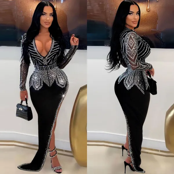 Hip wrap slanted edge hot diamond elastic slim fit V-neck dress