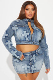 2 piece set of fashionable patch denim short skirt for denim suit