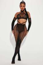 Perspective sleeveless mesh tight jumpsuit (without gloves)