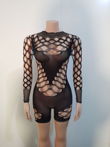 Mesh Sexy Perspective High Waist Long Sleeve Tight Wrapped Hip jumpsuit