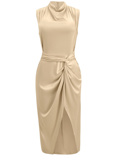 Solid color waistband slit sleeveless dress