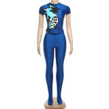 Printed slim fit round neck top, high waisted, tight fitting, hip lifting pants set