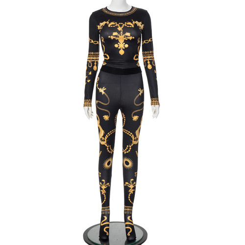 Positioning,printed,long,sleeved,round,neck,top,,sock,and,pants,two-piece,set