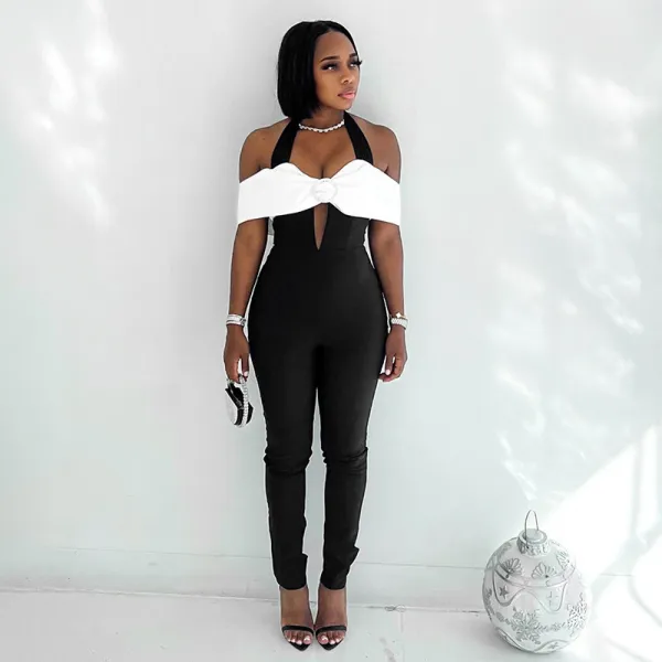 Color,blocking,splicing,accessories,V-neck,hanging,neck,backless,evening,dress,jumpsuit