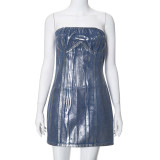 Sleeveless,strapless,one,shoulder,denim,hot,stamping,sexy,dress