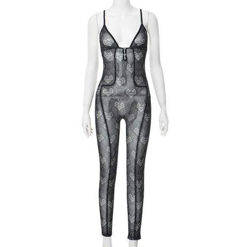 Sexy,mesh,printed,hollow,sleeveless,backless,camisole,jumpsuit