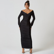 Cross,V-neck,long,sleeved,pleated,waist,cinched,dress