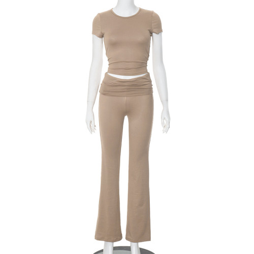Round,neck,short,sleeved,T-shirt,top,with,rolled,over,waist,design,,two,piece,long,pants,set