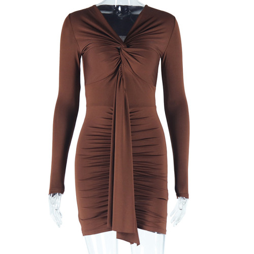 V-neck lace up dress, solid color long sleeved buttocks wrapped skirt