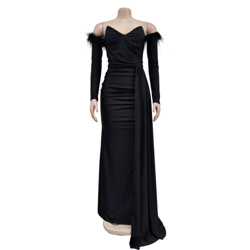 Women's solid color pleated backless slit long dress