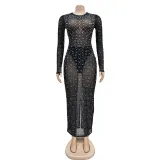 Women's solid color mesh hot diamond long sleeved dress