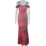 Printed dress with sleeveless backpack and hip skirt