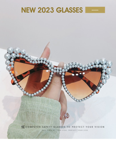 Large frame slanted heart studded pearl sunglasses