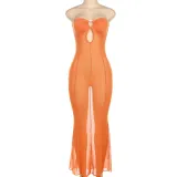 One line neckline hollow sexy perspective mesh slim fit dress
