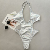 Silver glossy one-piece strap swimsuit