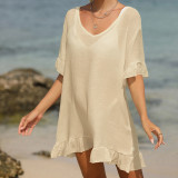 Solid color sunscreen shirt with ruffled V-neck bikini loose fitting top