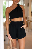 Women's collage solid color two-piece set top+shorts