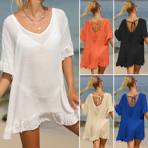 Solid color sunscreen shirt with ruffled V-neck bikini loose fitting top