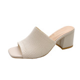 One line drag thick heeled knitted wool high heeled square toe sandals