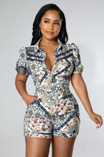 Digital printed round neck women's jumpsuit