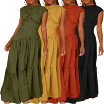 Solid color sleeveless pleated loose hem nylon dress