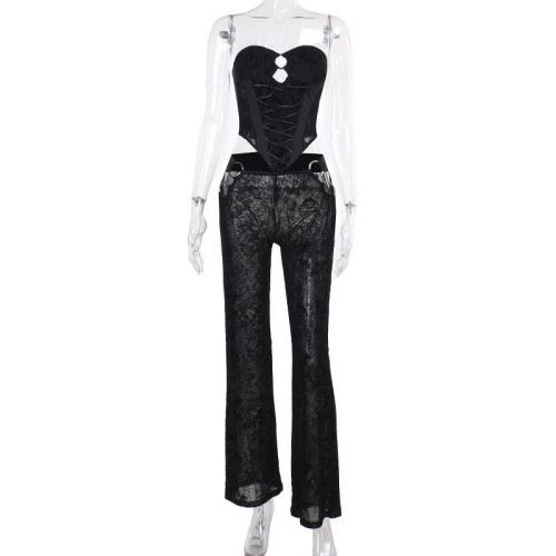 Flocking strap waist tied top and pants set