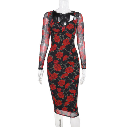 Flower printed mesh long sleeved buttocks wrapped dress