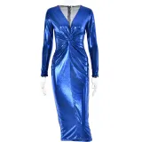 Long sleeved V-neck dress pleated long skirt