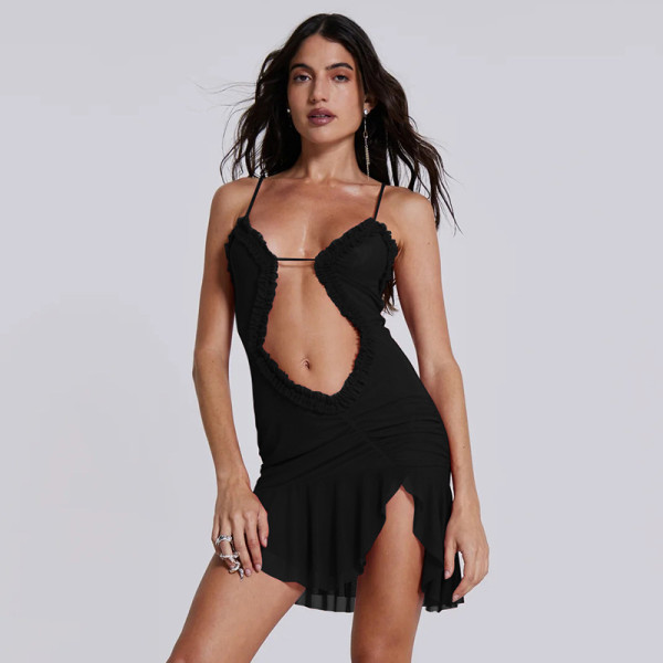 Open back dress, sexy and trendy mesh patchwork suspender, open waist short skirt