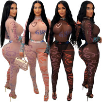 Positioning printing and perspective mesh tight fitting top and pants set