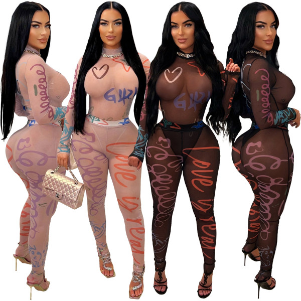 Positioning printing and perspective mesh tight fitting top and pants set