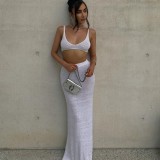 Knitted suspender wrapped chest solid color wrapped buttocks long skirt two-piece set