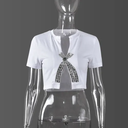 Open navel split hot diamond top T-shirt for women's clothing