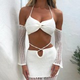 Two piece set of chest wrapped sleeve top, lace up hollow out buttocks wrapped skirt