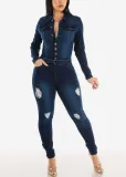Slim fit, elastic, tight fitting, perforated, washed long sleeved denim jumpsuit