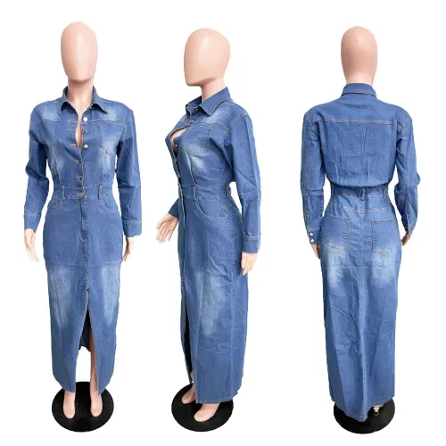 Women's long sleeved denim trench coat cardigan denim cape dress